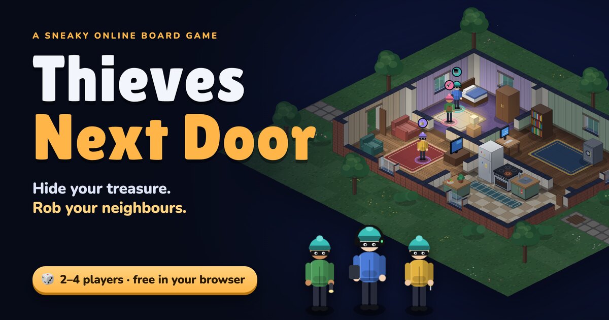 Thieves Next Door: una casa vista desde arriba y una banda de tres ladrones enmascarados